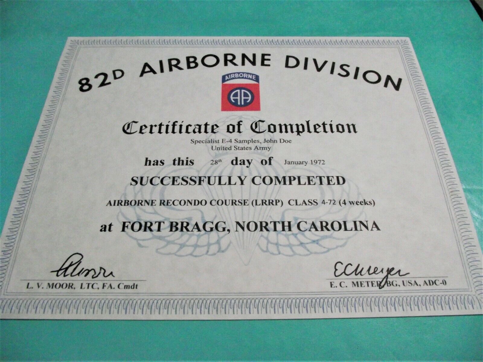 82nd ABN AIRBORNE Recondo (LRRP) Course - School Replacement Certificate