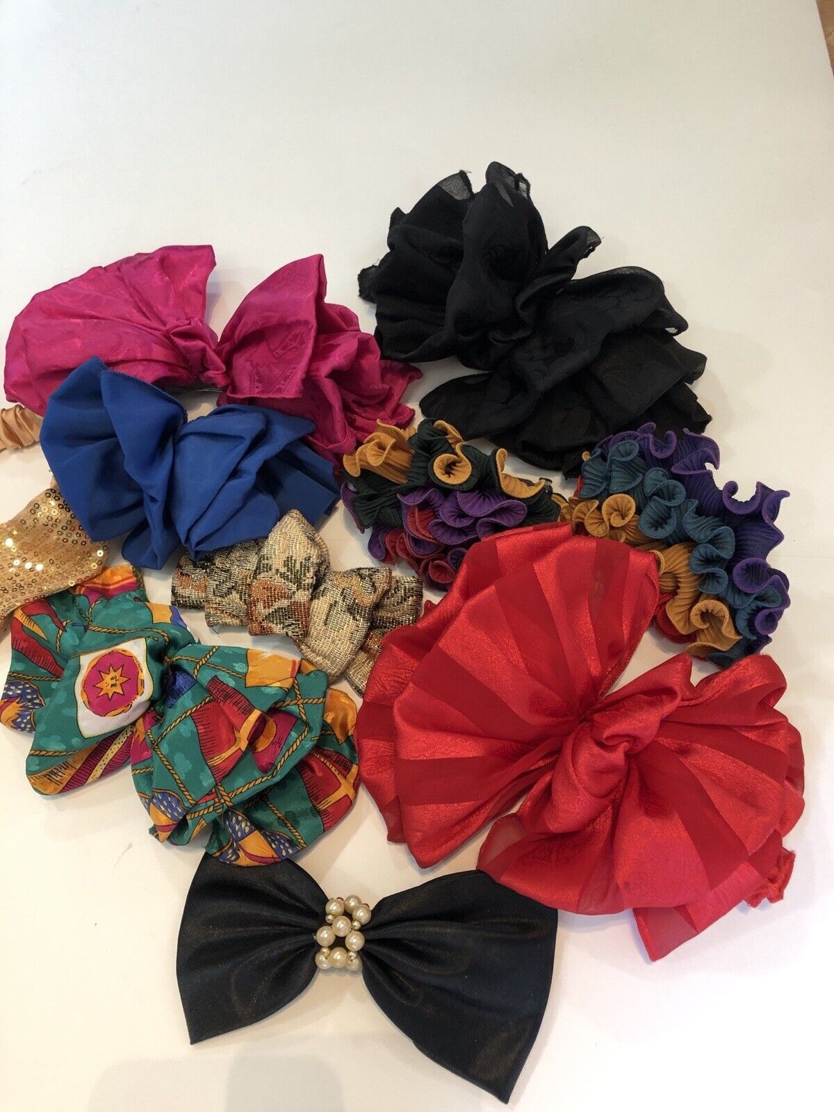 Vintage 80s Hair Bows Oversized Lot Of 10 Scarf Clips 1980 Sequin Headband