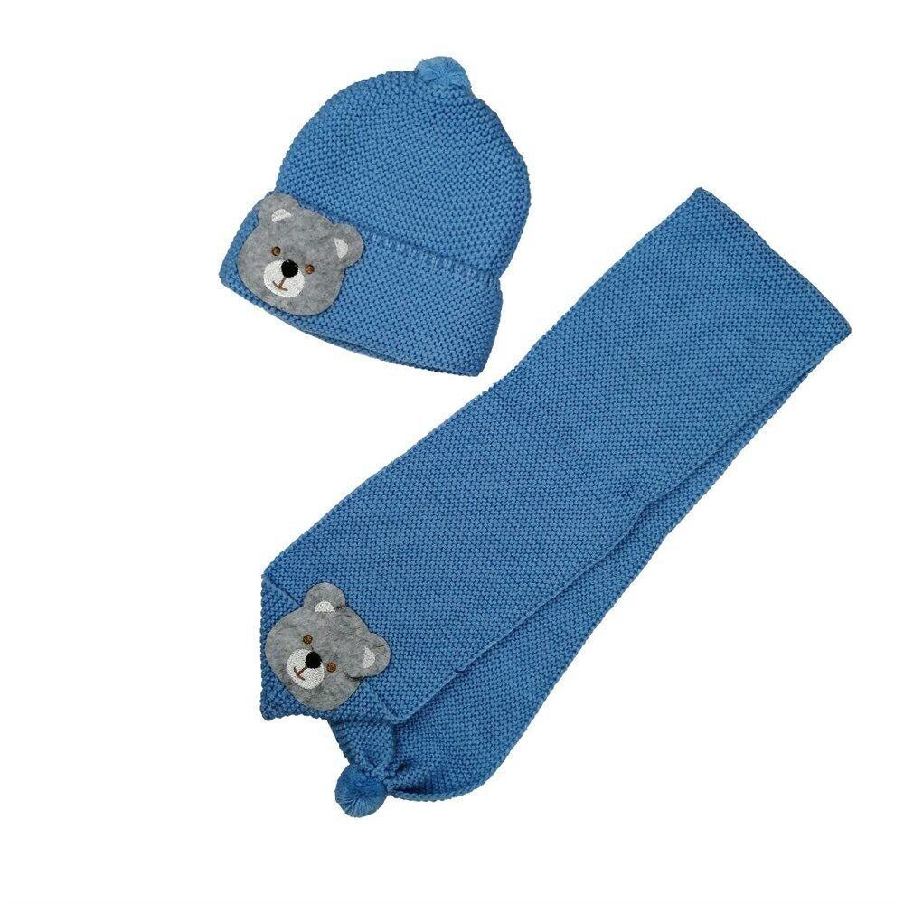 Baby Kids Winter 2 Pcs Knitted Scarf Beanie Set Bear Decorative Warm 2 Colors